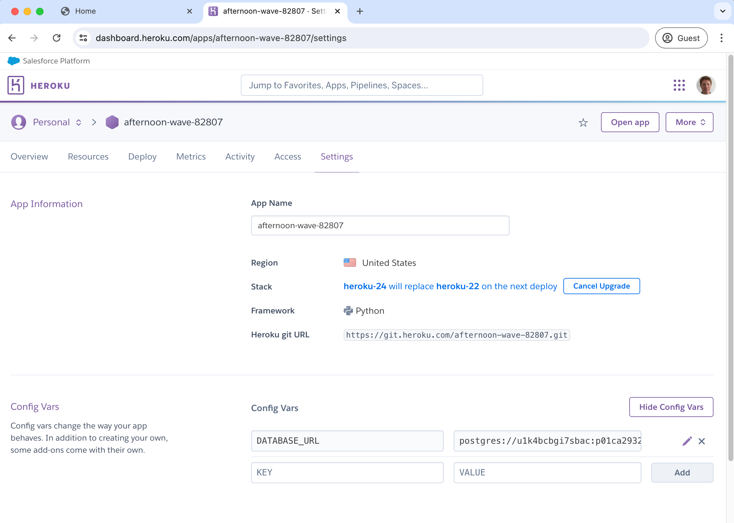 Heroku Dashboard Configs