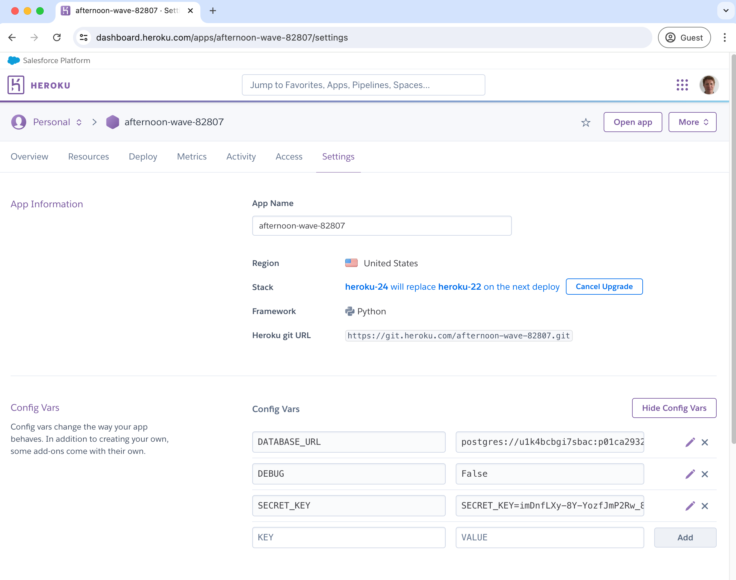 Heroku Dashboard Updated Configs