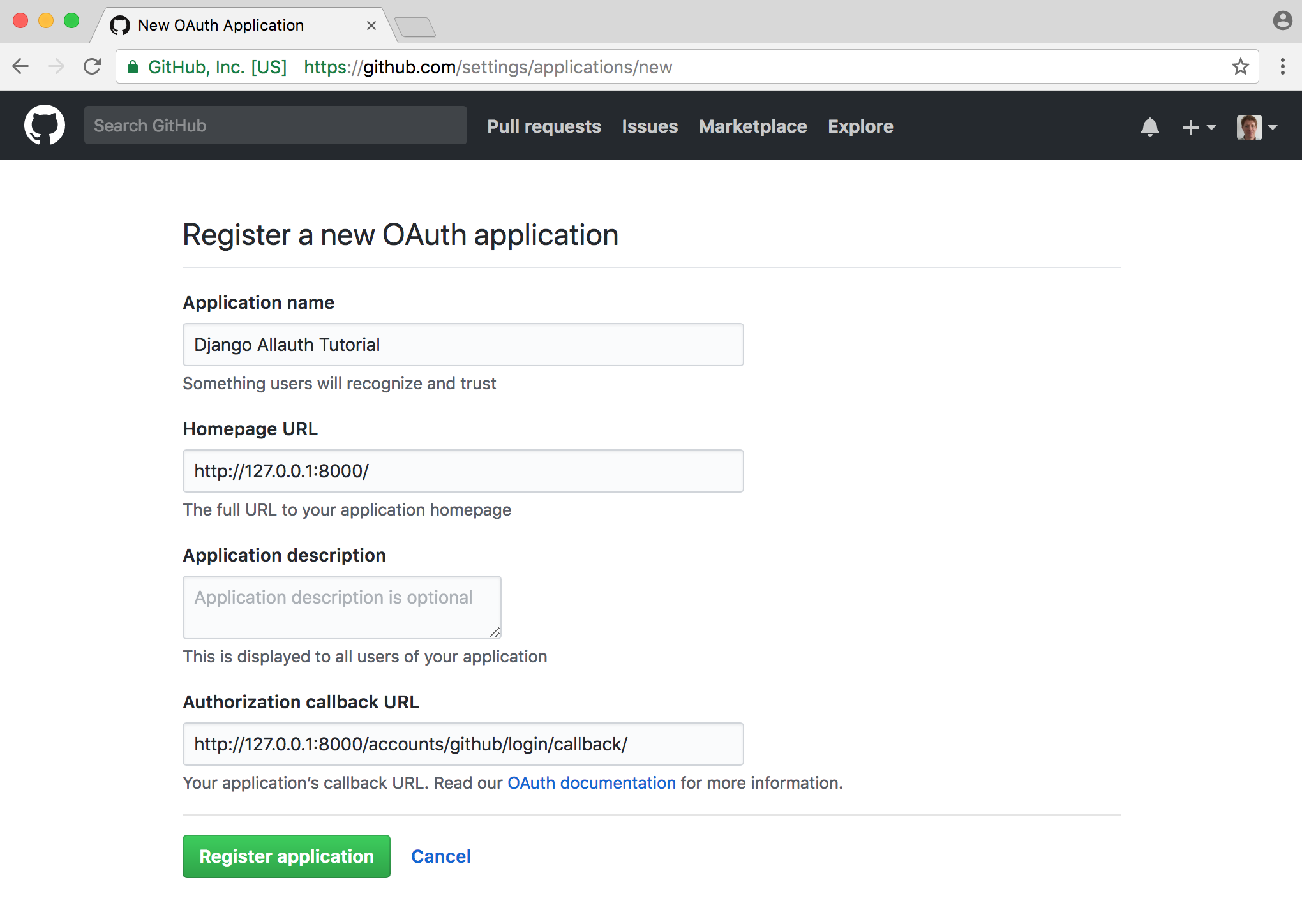 Github OAuth page filled in