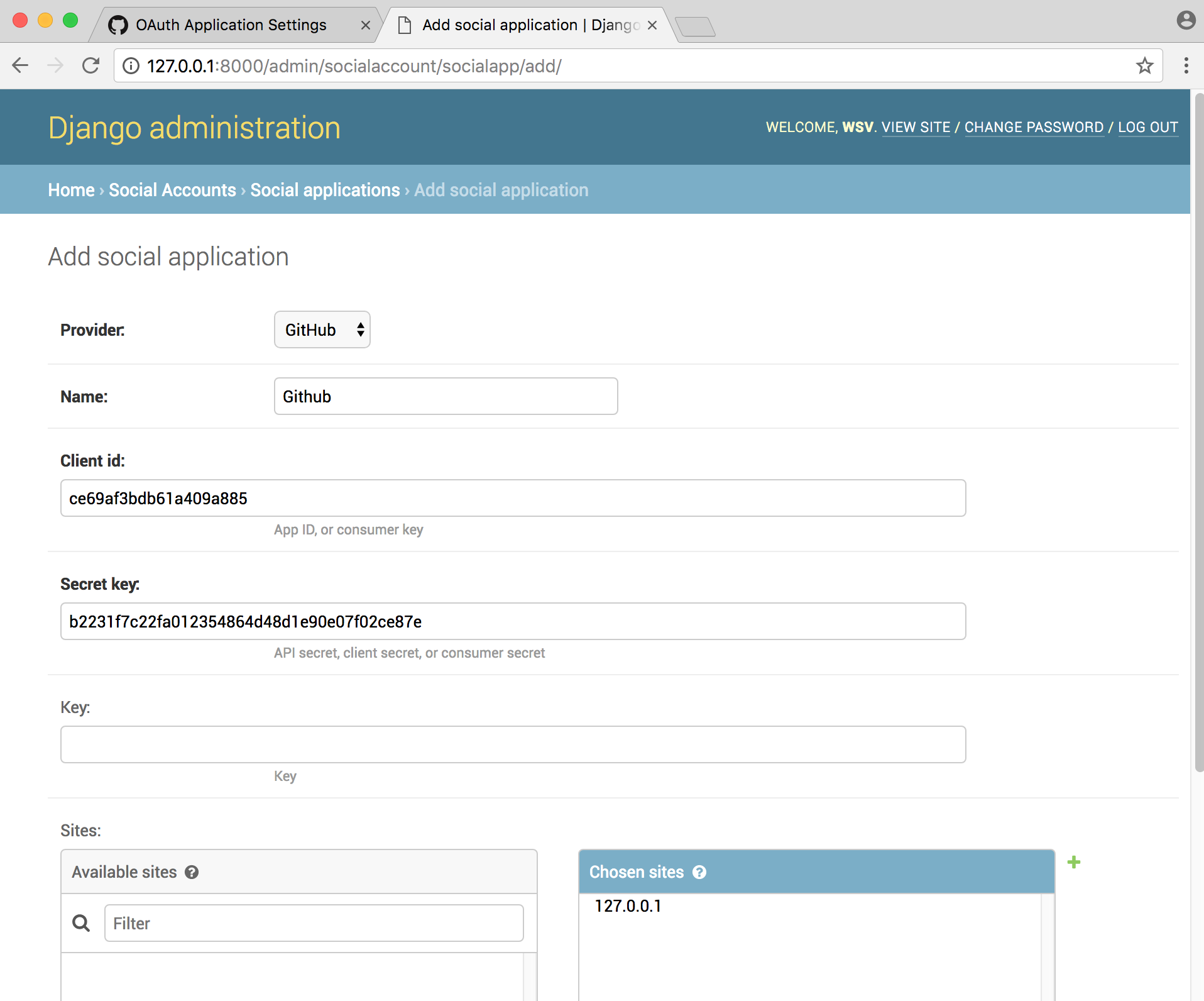 Admin social applications page